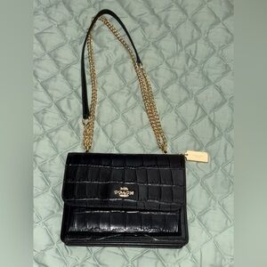 NWOT Coach Klare Black Croc-Embossed Crossbody Bag with Gold Chain